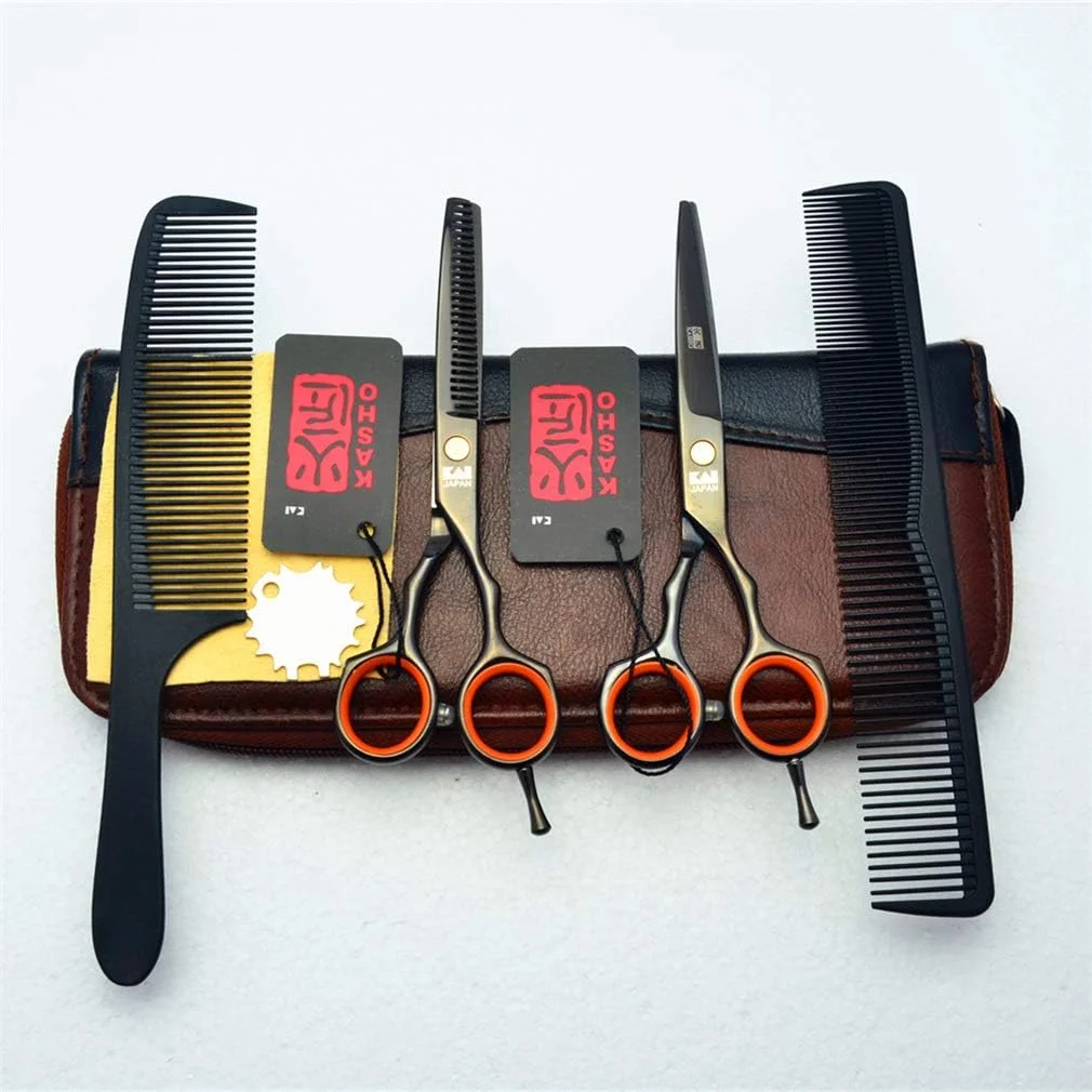 ست قیچی آرایشگری حرفه ای 5.5 اینچی با دسته متقارن مشکی، قیچی آرایشگری راست دست، قیچی سلمانی، قیچی پیتاژ، ابزار آرایشگاه، فولاد 440C، لوازم آرایشگری مو، شانه