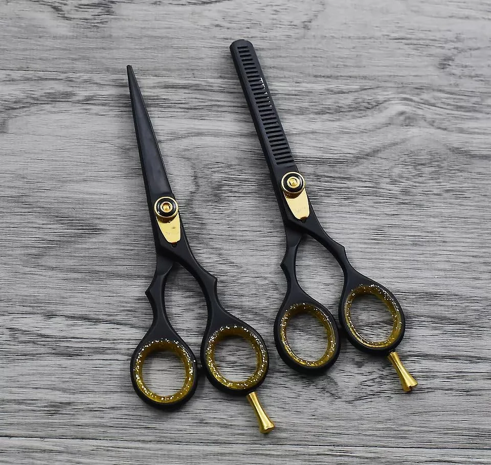 ست قیچی حرفه ای کوتاهی و پیتاژ مو TZ - قیچی آرایشگری استیل ضد زنگ ژاپنی 6.5 اینچی، قیچی بافت دهنده با لبه تیغی، حلقه انگشتی جداشدنی - آرایشگاه، سالن، منزل (مشکی و طلایی)