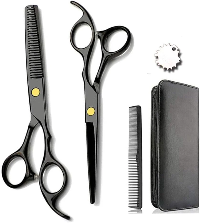 ست قیچی آرایشگری حرفه ای مشکی 6.0 اینچی، قیچی آرایشگری، قیچی پیتاژ، ابزار آرایشگاه، قیچی فولادی آرایشگری (ست 5 عددی)