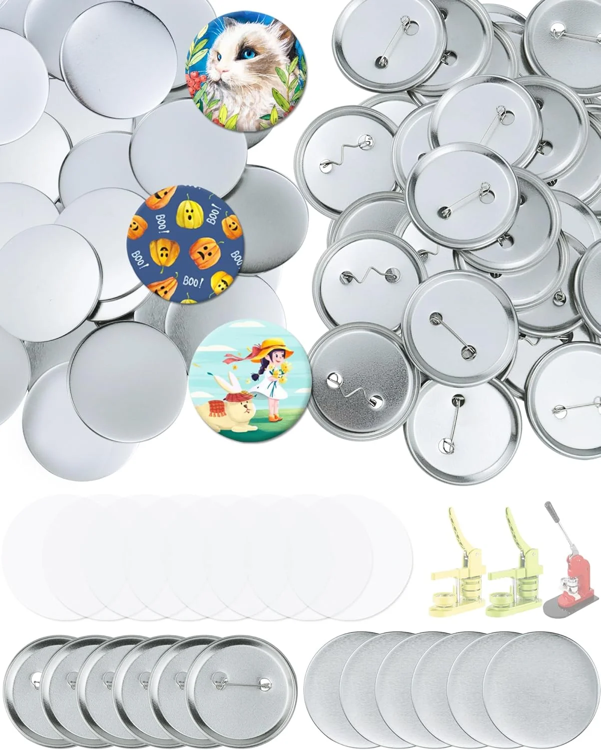 کیت ساخت بج سینه گرد خام 150 عددی 58 میلی متری - شامل پشتی فلزی سوزنی، روکش کرومی و فیلم شفاف برای دستگاه بج ساز