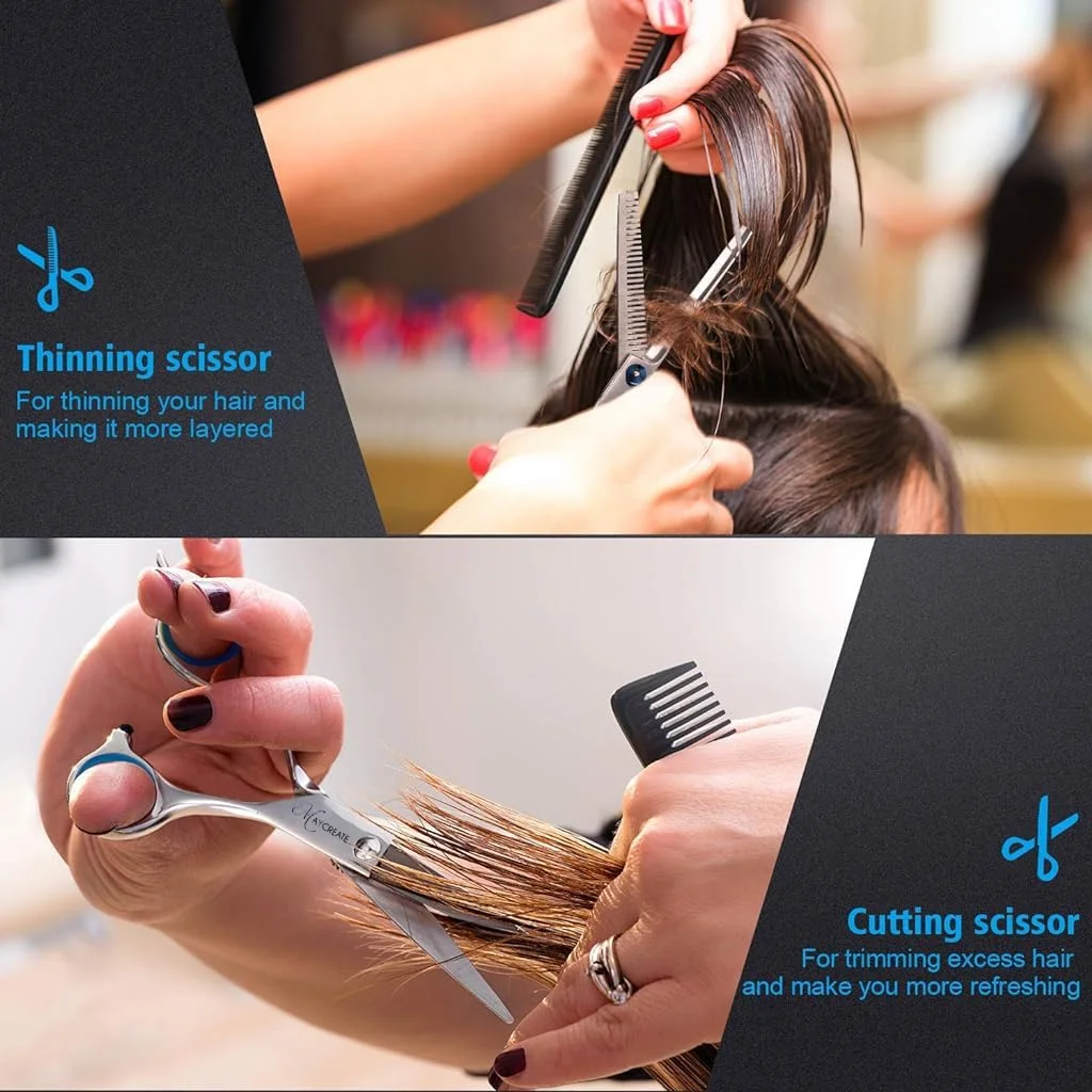 مجموعه قیچی آرایشگری حرفه ای MAYCREATE ® - قیچی آرایشگری 6.7 اینچی به همراه 3 شانه، شنل کوتاهی مو و گیره مو، مناسب برای آرایشگران مردانه و زنانه (9 تکه)