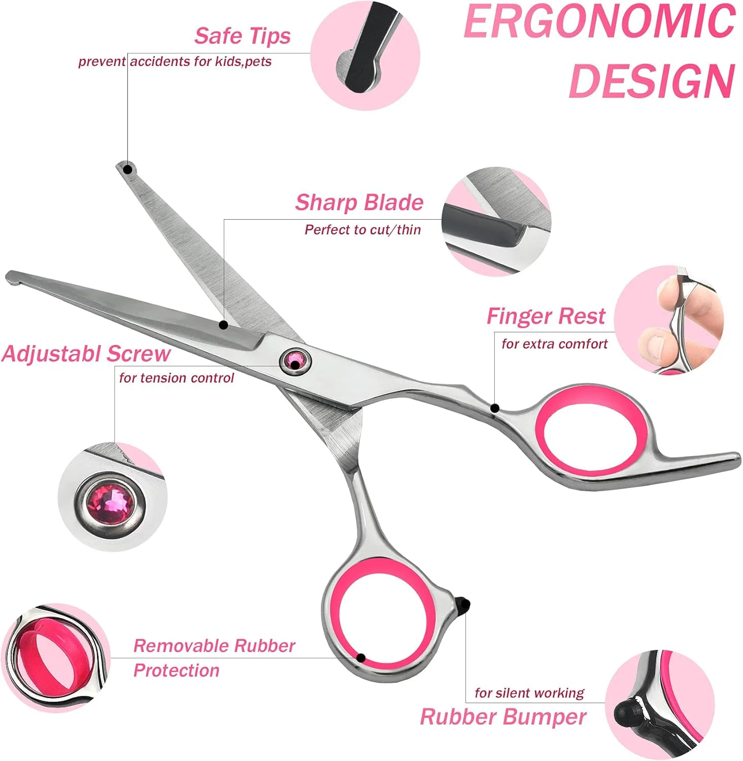 ست قیچی آرایشگری کودک LIGICKY (نوک گرد ایمن (صورتی)) - قیچی استیل ضد زنگ حرفه ای نوک گرد ایمن، قیچی پیتاژ و قیچی چتری برای کودکان/سالن/خانه