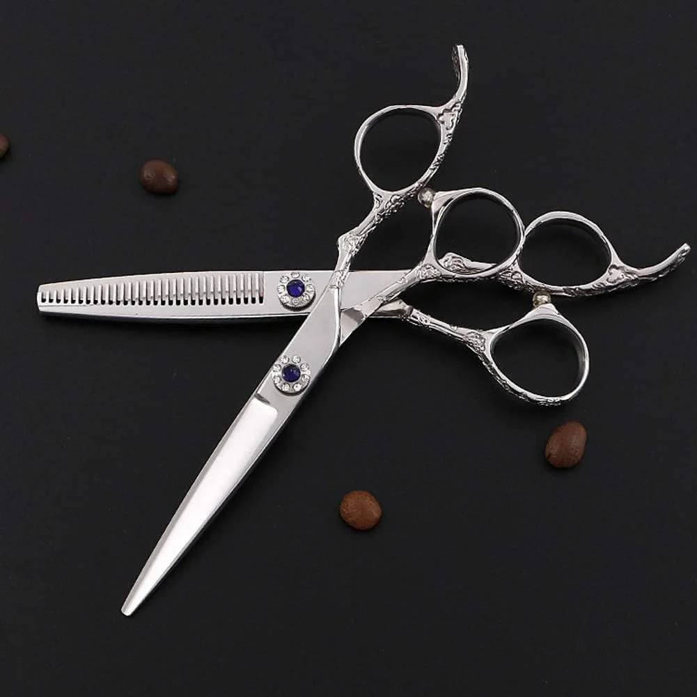 قیچی آرایشگری نقره ای سالن مو، قیچی آرایشگری استیل 440C، قیچی دندانه دار و صاف، مدل S، ست 6 اینچی قیچی آرایشگری نقره ای سالن مو، قیچی آرایشگری استیل 440C، قیچی دندانه دار و صاف، مدل S، ست 6 اینچی