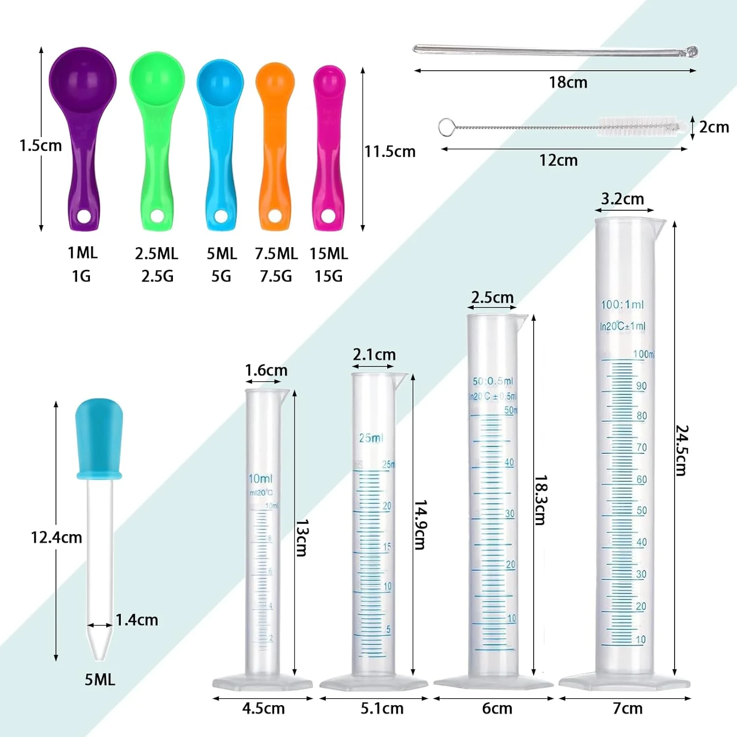 ست 28 تکه پارچ و فنجان اندازه گیری با بشر، استوانه، قاشق، قطره چکان و برس - کیت آزمایشگاهی علمی مقاوم در برابر حرارت برای آزمایش های پخت، ابزار سفالی و استفاده آزمایشگاهی