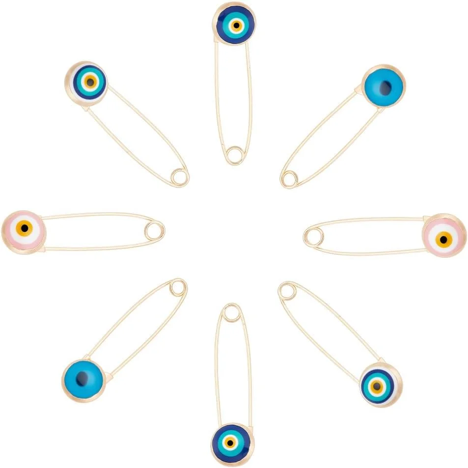 آری کرافت 8 عدد سنجاق قفلی چشم نظر، آلیاژ 4 رنگ و شیشه ای، سنجاق سینه چشم خوش شانس طلایی رنگارنگ کریستالی برای تزئین لباس کلاه کیف