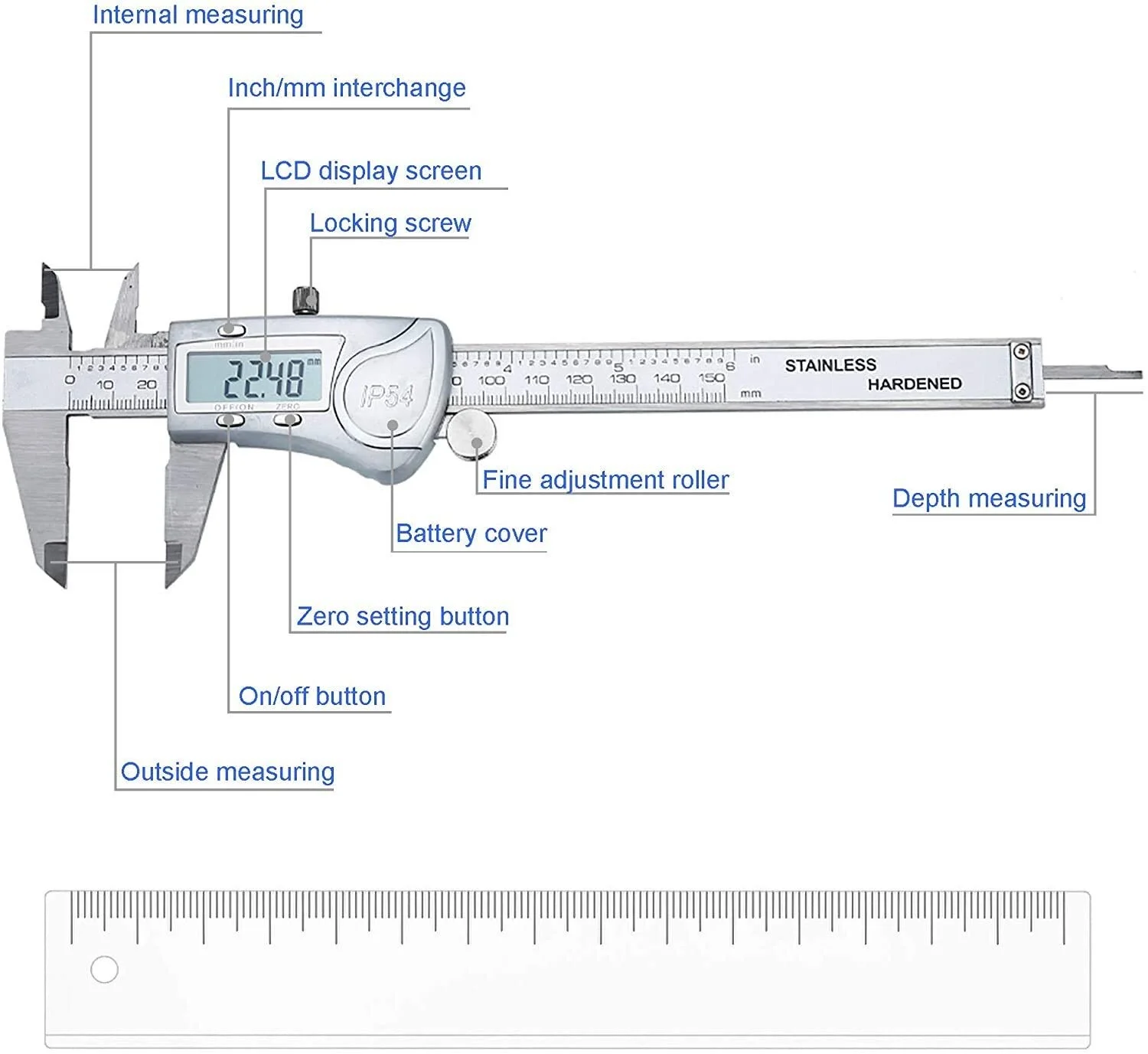 کولیس ورنیه دیجیتال نقره ای - 150 میلی متر / 6 اینچ IPX54 ضد آب فولاد ضد زنگ اسلاید ابزار اندازه گیری حرفه ای با دقت بالا با صفحه نمایش ال سی دی کولیس ورنیه Ca کولیس ورنیه دیجیتال نقره ای - 150 میلی متر / 6 اینچ IPX54 ضد آب فولاد ضد زنگ اسلاید ابزار اندازه گیری حرفه ای با دقت بالا با صفحه نمایش ال سی دی کولیس ورنیه Ca