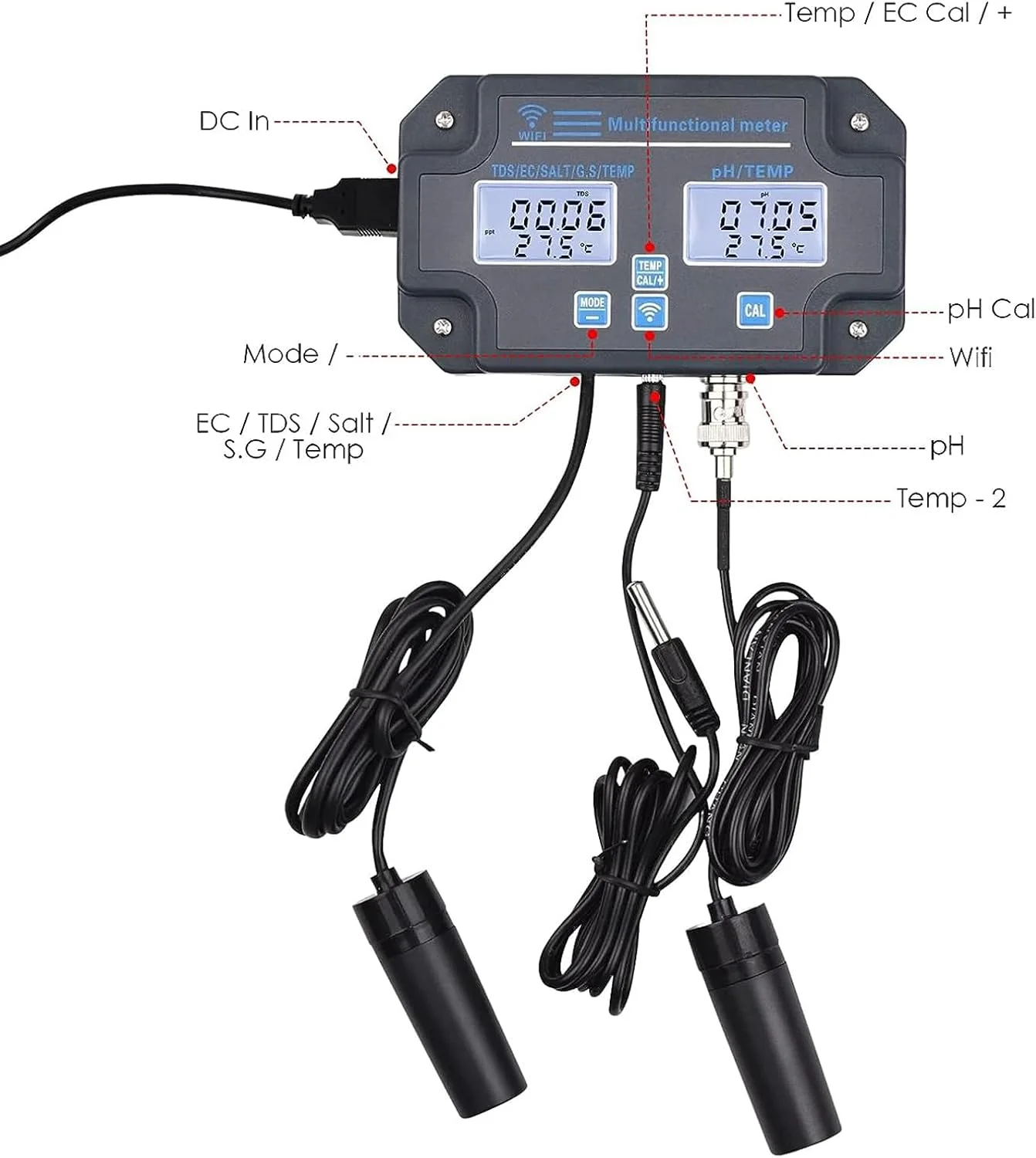 تستر کیفیت آب وای فای، تستر دیجیتال 6 در 1 با قابلیت مانیتورینگ مداوم، PH ORP TDS EC CF دماسنج رومیزی، دماسنج استخر برای استخر شنا، آکواریوم، آزمایشگاه، صفحه نمایش LCD بزرگ
