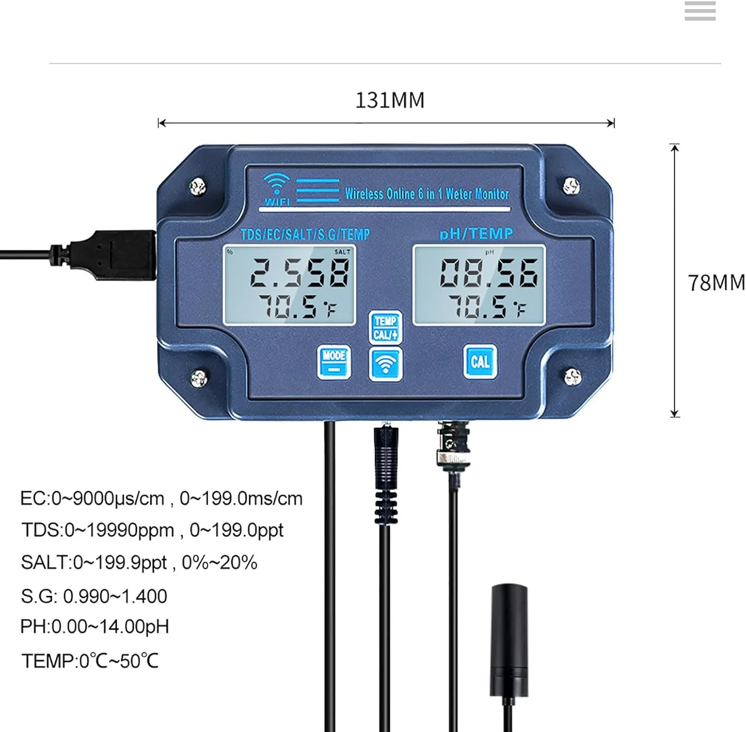 تستر کیفیت آب وای فای، تستر دیجیتال 6 در 1 با قابلیت مانیتورینگ مداوم، PH ORP TDS EC CF دماسنج رومیزی، دماسنج استخر برای استخر شنا، آکواریوم، آزمایشگاه، صفحه نمایش LCD بزرگ