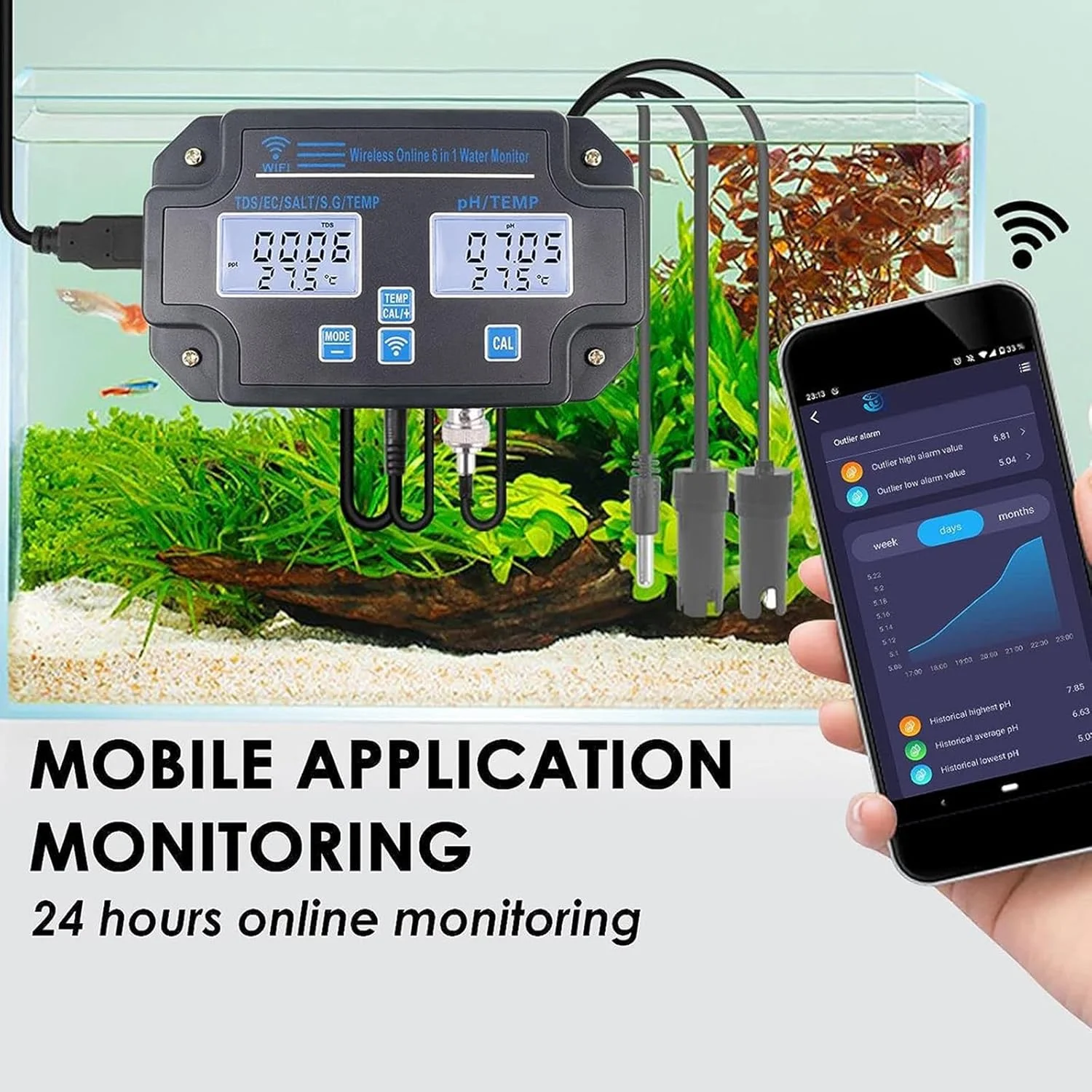 تستر کیفیت آب وای فای، تستر دیجیتال 6 در 1 با قابلیت مانیتورینگ مداوم، PH ORP TDS EC CF دماسنج رومیزی، دماسنج استخر برای استخر شنا، آکواریوم، آزمایشگاه، صفحه نمایش LCD بزرگ
