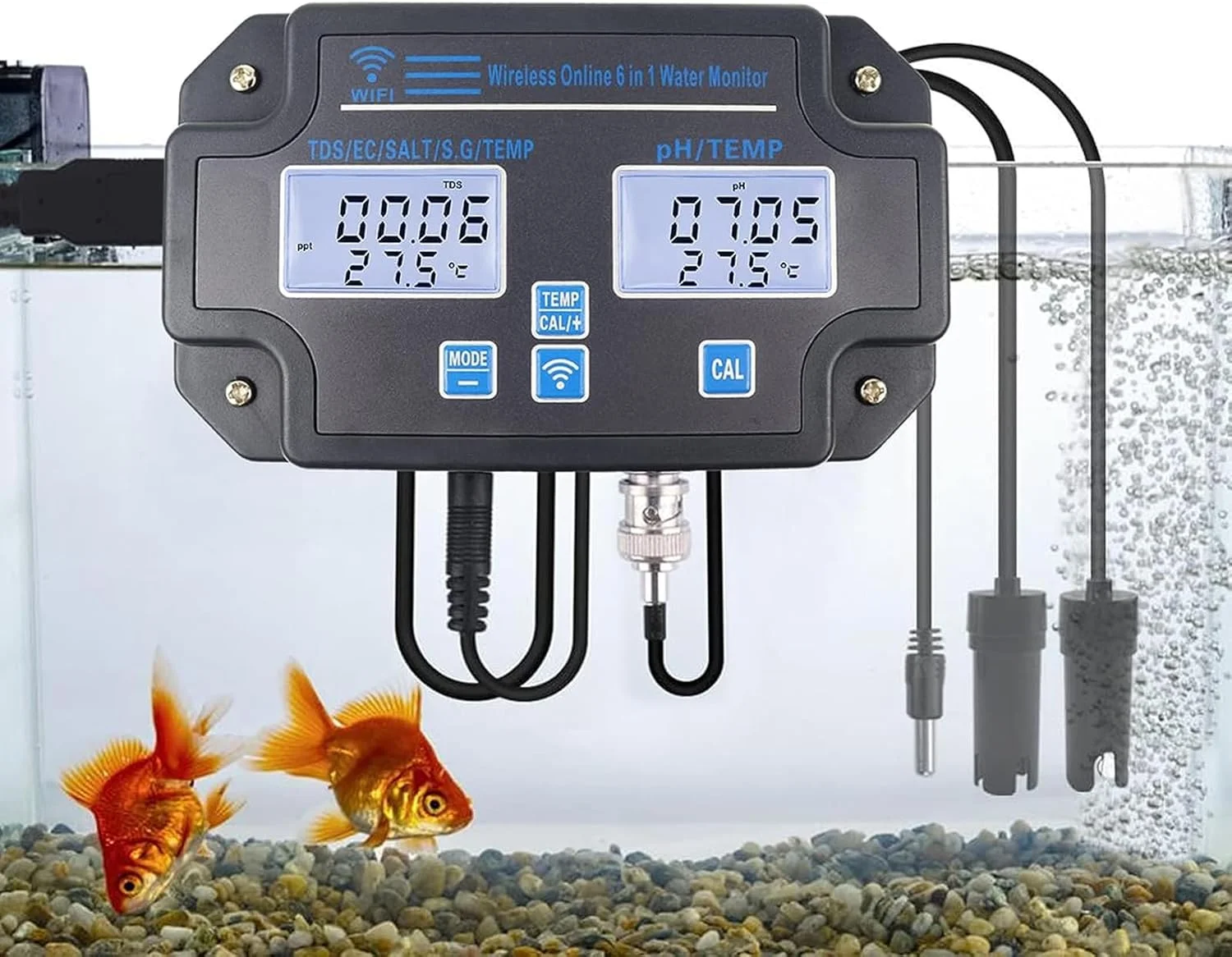 تستر کیفیت آب وای فای، تستر دیجیتال 6 در 1 با قابلیت مانیتورینگ مداوم، PH ORP TDS EC CF دماسنج رومیزی، دماسنج استخر برای استخر شنا، آکواریوم، آزمایشگاه، صفحه نمایش LCD بزرگ