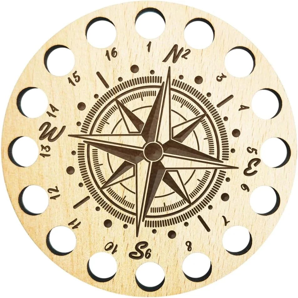 arricraft 1 عدد نگهدارنده نخ کوک چوبی، سازمان دهنده نخ قرقره ای 16 موقعیتی با شماره های مشخص شده طرح قطب نما نگهدارنده نخ گرد لوازم جانبی نخ دوزی برای ابزار کوک