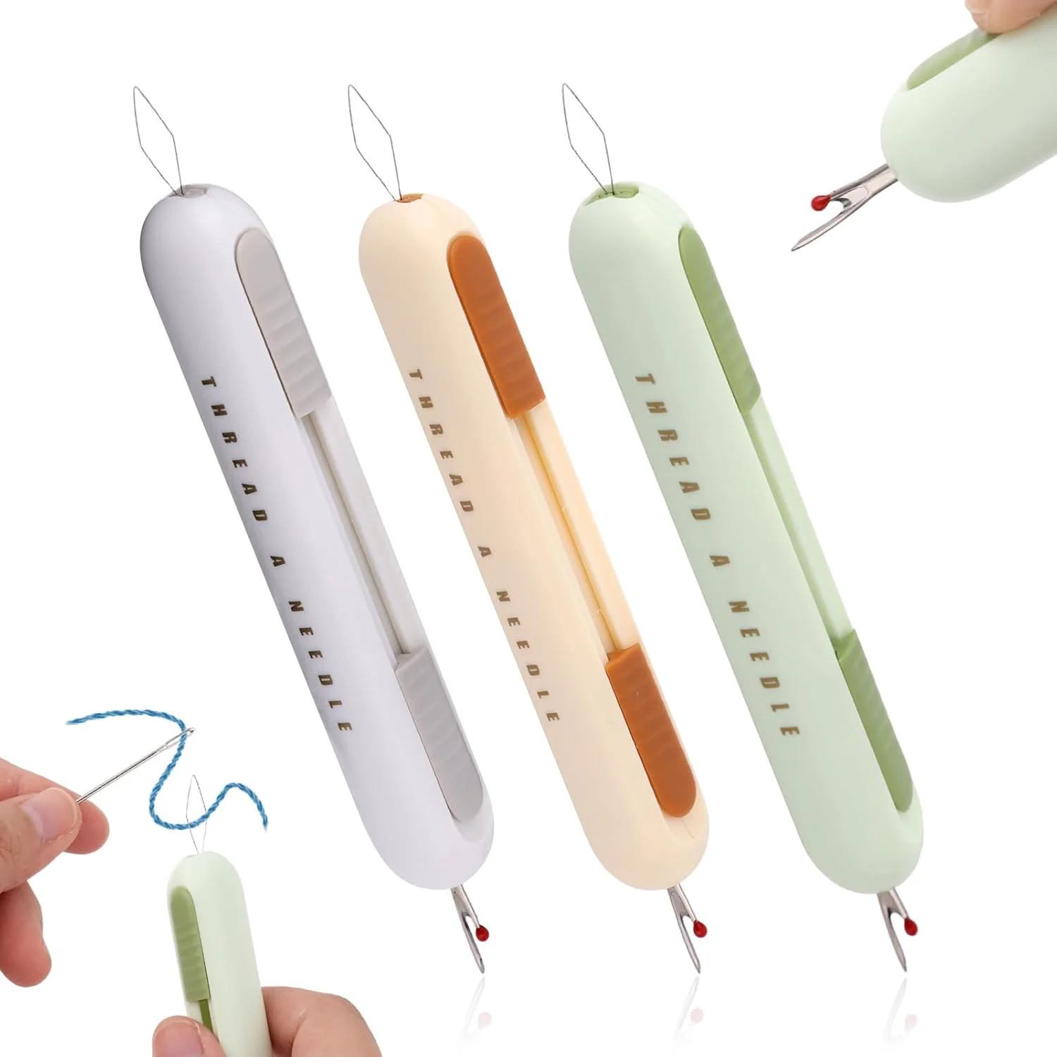 3 عدد سوزن نخ کن اتوماتیک 2 در 1 و بشکاف، سوزن نخ کن سریع و آسان برای نخ کردن و شکافتن (بنفش، زرد، سبز)