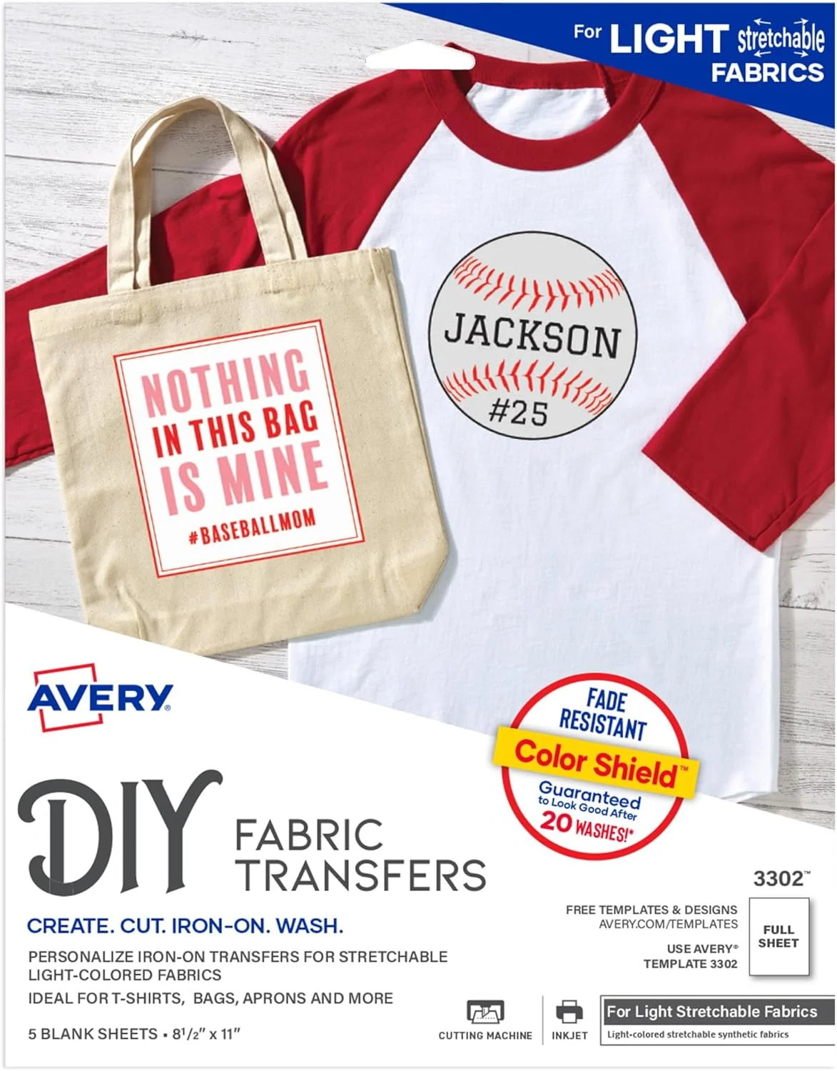 کاغذ انتقال حرارتی کشسان قابل چاپ Avery برای پارچه های روشن، 21.6 سانتی متر در 27.9 سانتی متر، پرینتر جوهرافشان، 5 برگ (3302)