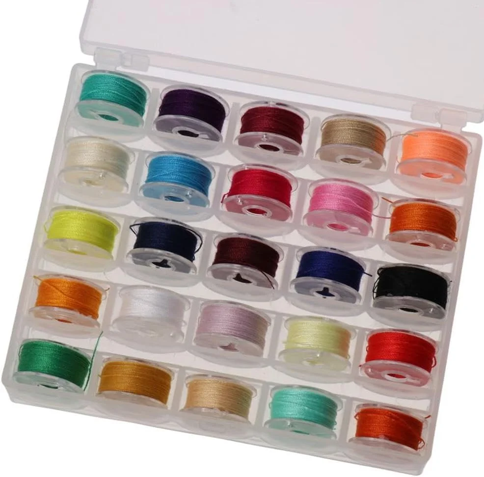 25 عدد ماسوره از پیش پر شده کلاس 15 (SA156) با رنگ های متنوع و نخ 60WT به همراه جعبه پلاستیکی شفاف برای نگهداری نخ گلدوزی و خیاطی