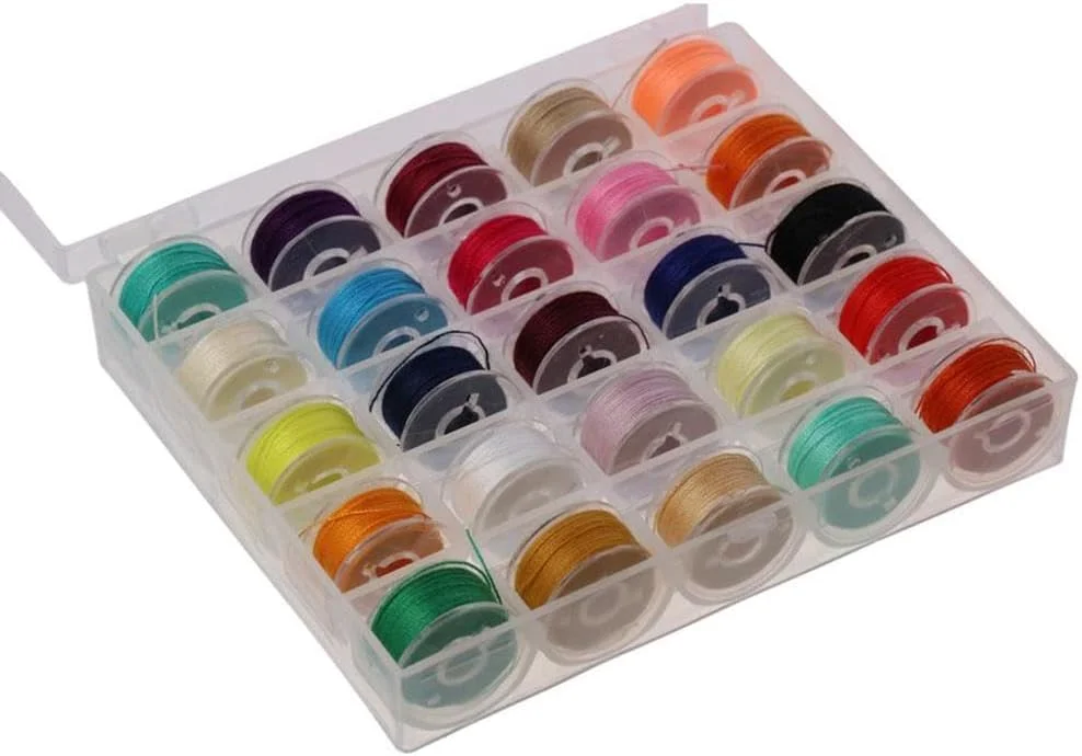 25 عدد ماسوره از پیش پر شده کلاس 15 (SA156) با رنگ های متنوع و نخ 60WT به همراه جعبه پلاستیکی شفاف برای نگهداری نخ گلدوزی و خیاطی