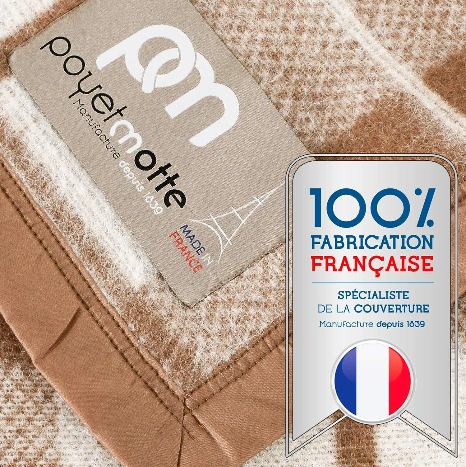 پتوی پشم خالص Poyet Motte Rivoli، وزن متوسط/سنگین، قابل شستشو در ماشین لباسشویی (چهارخانه شتری/طبیعی، سایز دو نفره/کویین)، 400GSM