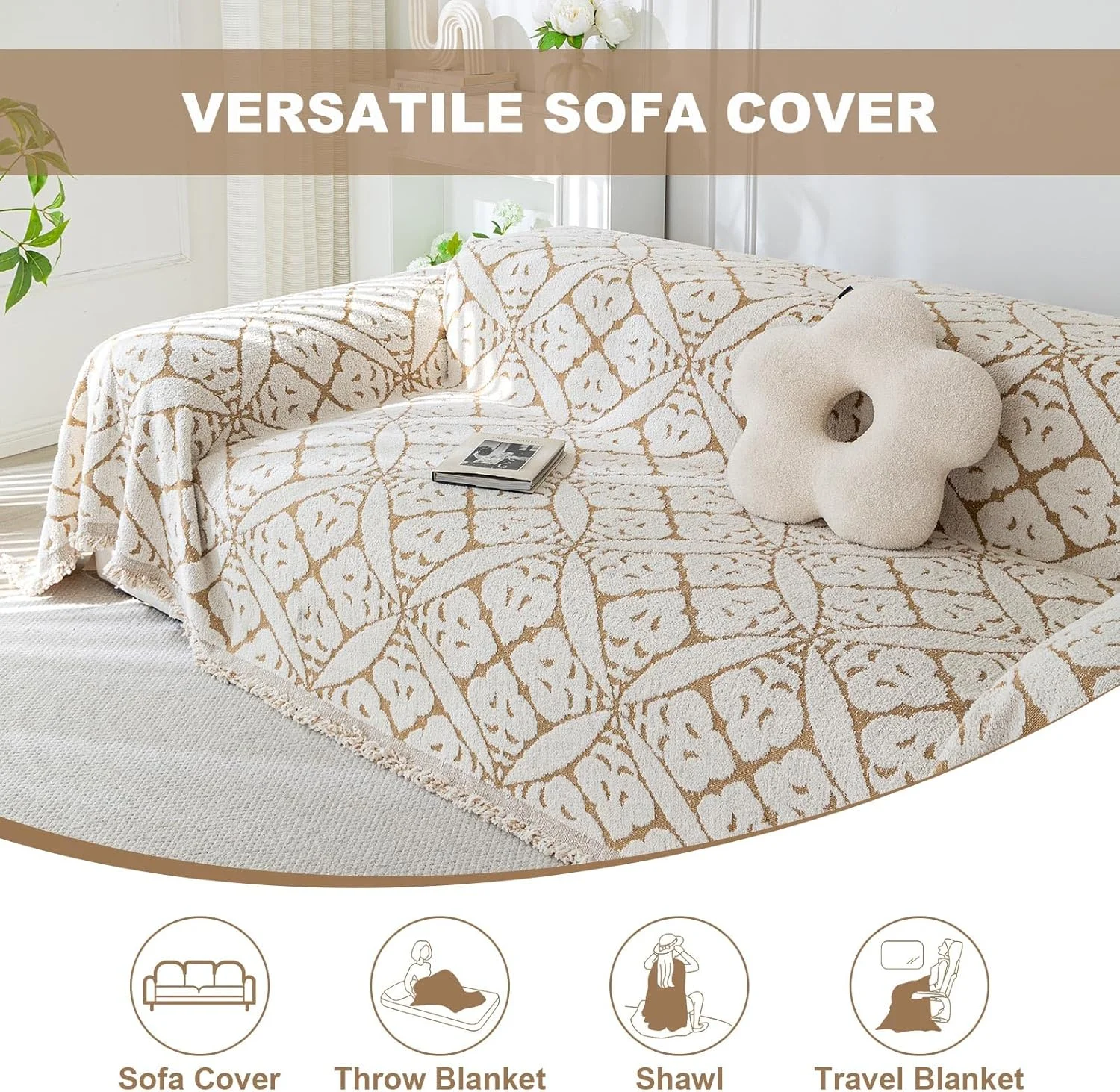 پتو شانل SHANNA، پتوی طرح‌دار منگوله‌دار ژاکارد وینتیج، دو رو، گرم، لوکس و تزئینی مناسب منزل، محل کار و مسافرت (خاکی، 220*250 سانتی‌متر)