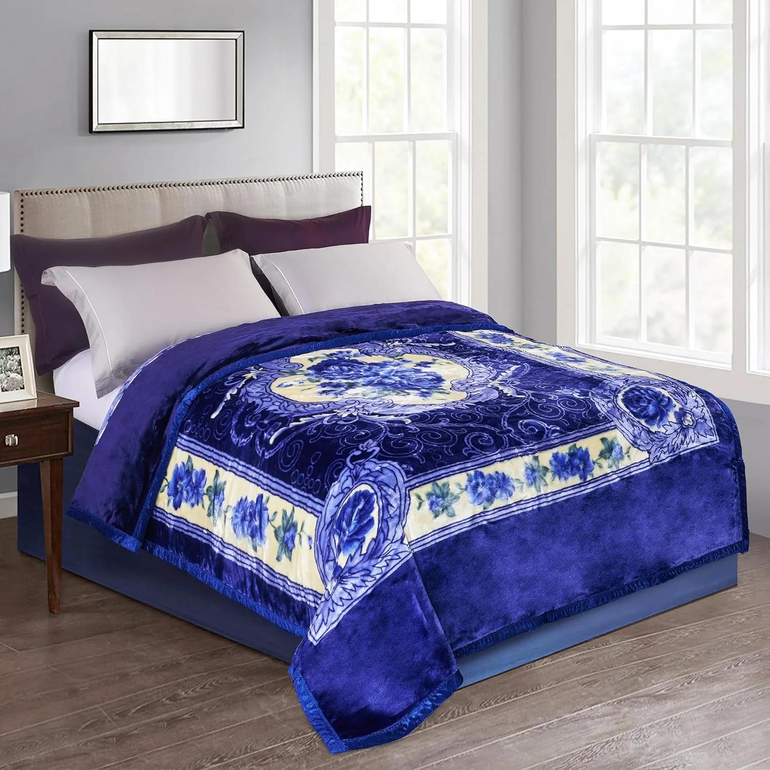 پتو پشمی سایز کینگ Pure Bedding برای تخت - پتوی مینک کره‌ای - میکروفایبر نرم، مخملی، دنج و لوکس، 2.2 کیلوگرم، 2 لایه، دو رو، 200x241 سانتی متر، گل رز آبی صدفی