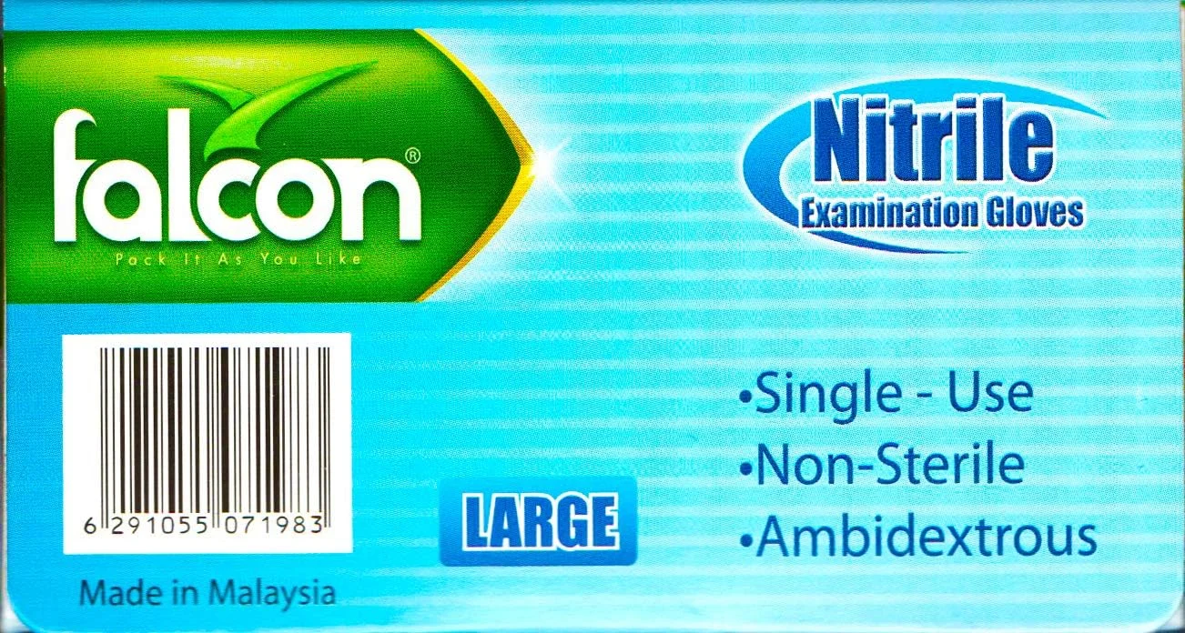 دستکش نیتریل فالکون - ساخت مالزی - پودر دار - آبی - سایز بزرگ - 100 عدد در بسته توسط NICE.STORE.UAE
