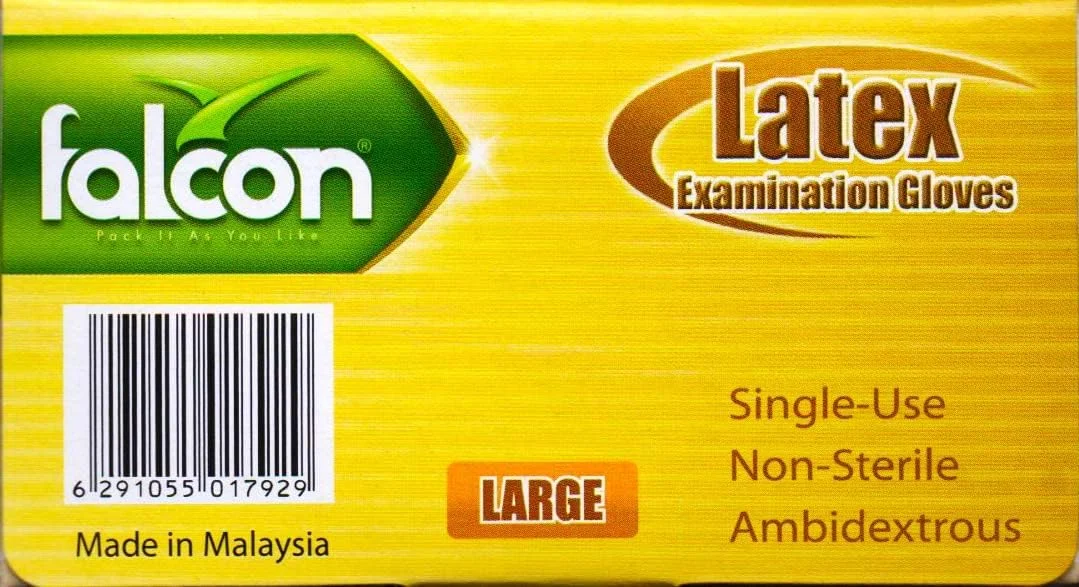دستکش معاینه لاتکس فالکون، پودر دار، سایز بزرگ، بسته 100 عددی