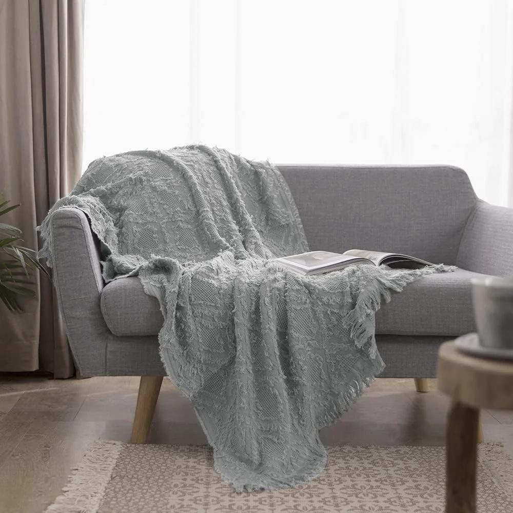 پتو بافتنی نخی Simple&Opulence برای تخت، مبل، بافت هندسی بافتنی با منگوله، نرم، سبک وزن، قابل تنفس، دکوراسیون شیک و روستایی مناسب تمام فصول (سبز خاکستری)