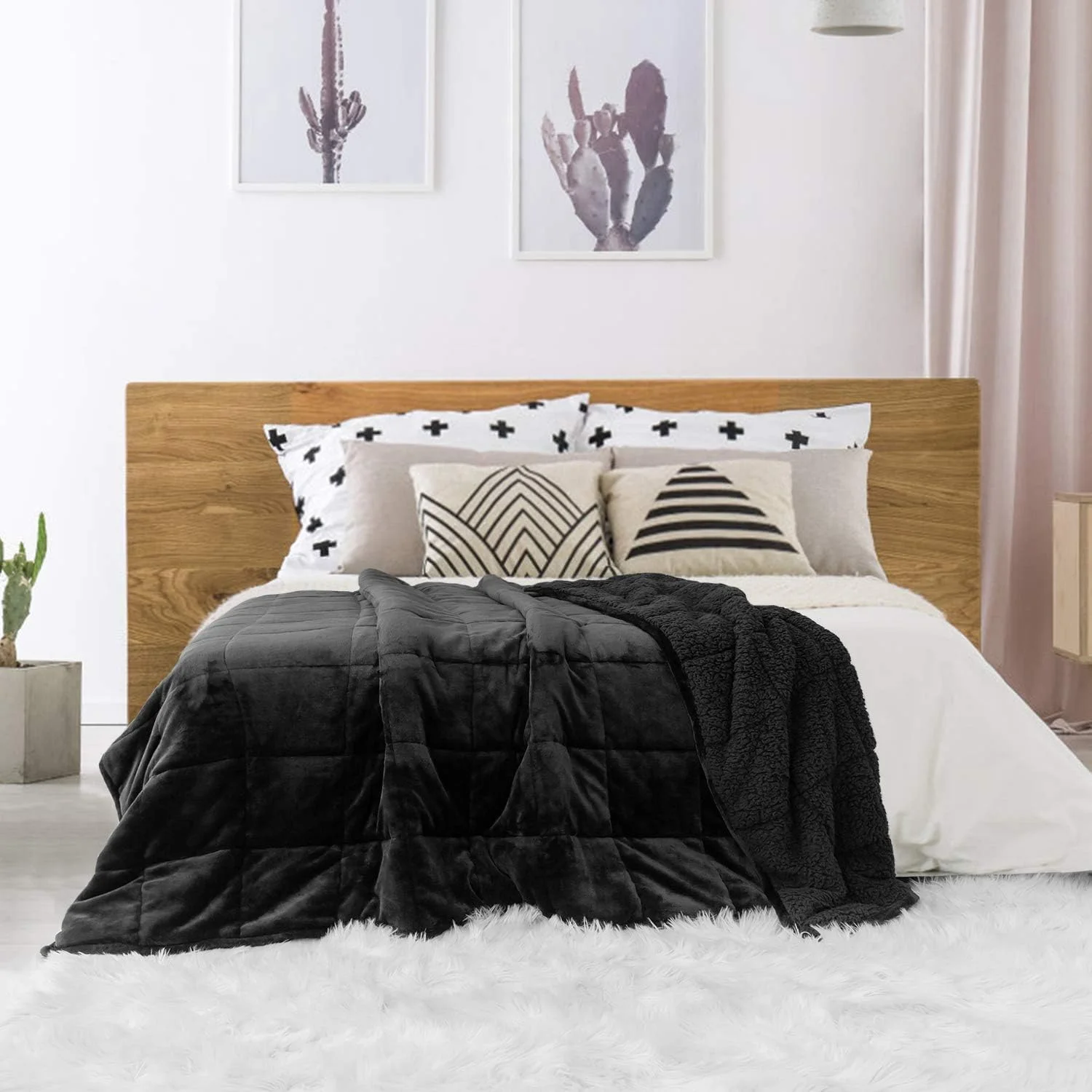 پتوی سنگین سیویو مناسب بزرگسالان، 7 کیلوگرم، پتوی سنگین شرپا با پشم گوسفند، دو طرفه، سایز کوئین، پتوی سنگین برای خواب عمیق مردان و زنان، 150x200 سانتی متر، مشکی دو طرفه