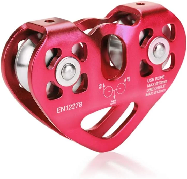 قرقره صعود FRIDNL، قرقره دوبل 30KN ترولی کابل نجات زیپ لاین تجهیزات صخره نوردی در فضای باز (قرمز)