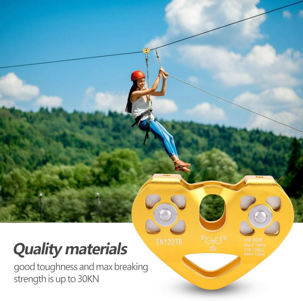 قرقره صعود FRIDNL، قرقره دوبل 30KN ترولی کابل نجات زیپ لاین تجهیزات صخره نوردی در فضای باز (طلایی)