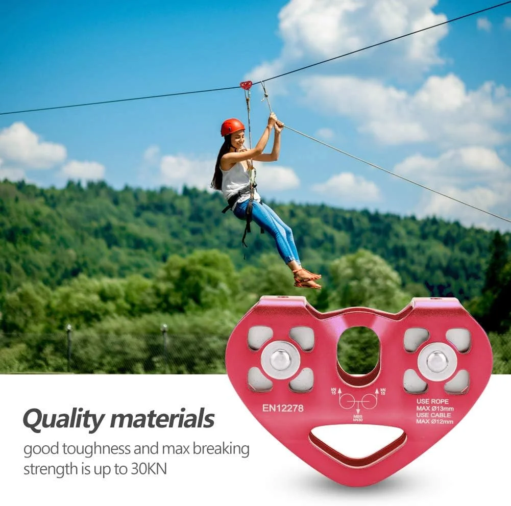 قرقره صعود FRIDNL، قرقره دوبل 30KN ترولی کابل نجات زیپ لاین تجهیزات صخره نوردی در فضای باز (قرمز)