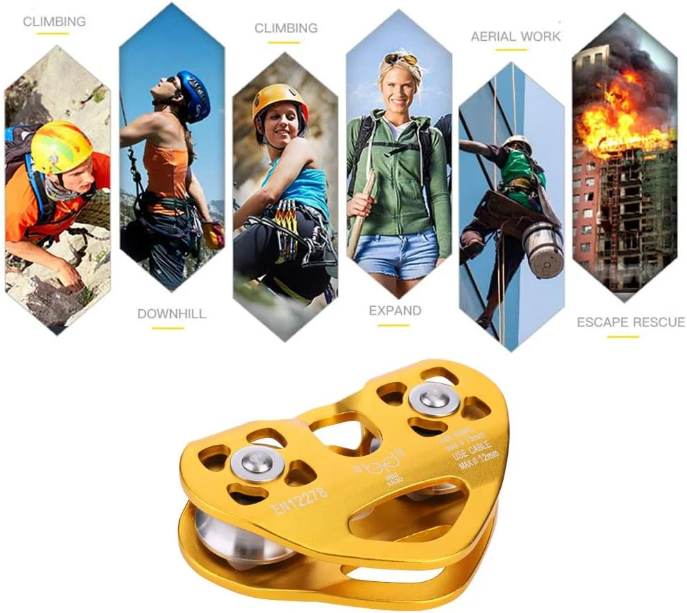 قرقره صعود FRIDNL، قرقره دوبل 30KN ترولی کابل نجات زیپ لاین تجهیزات صخره نوردی در فضای باز (طلایی)