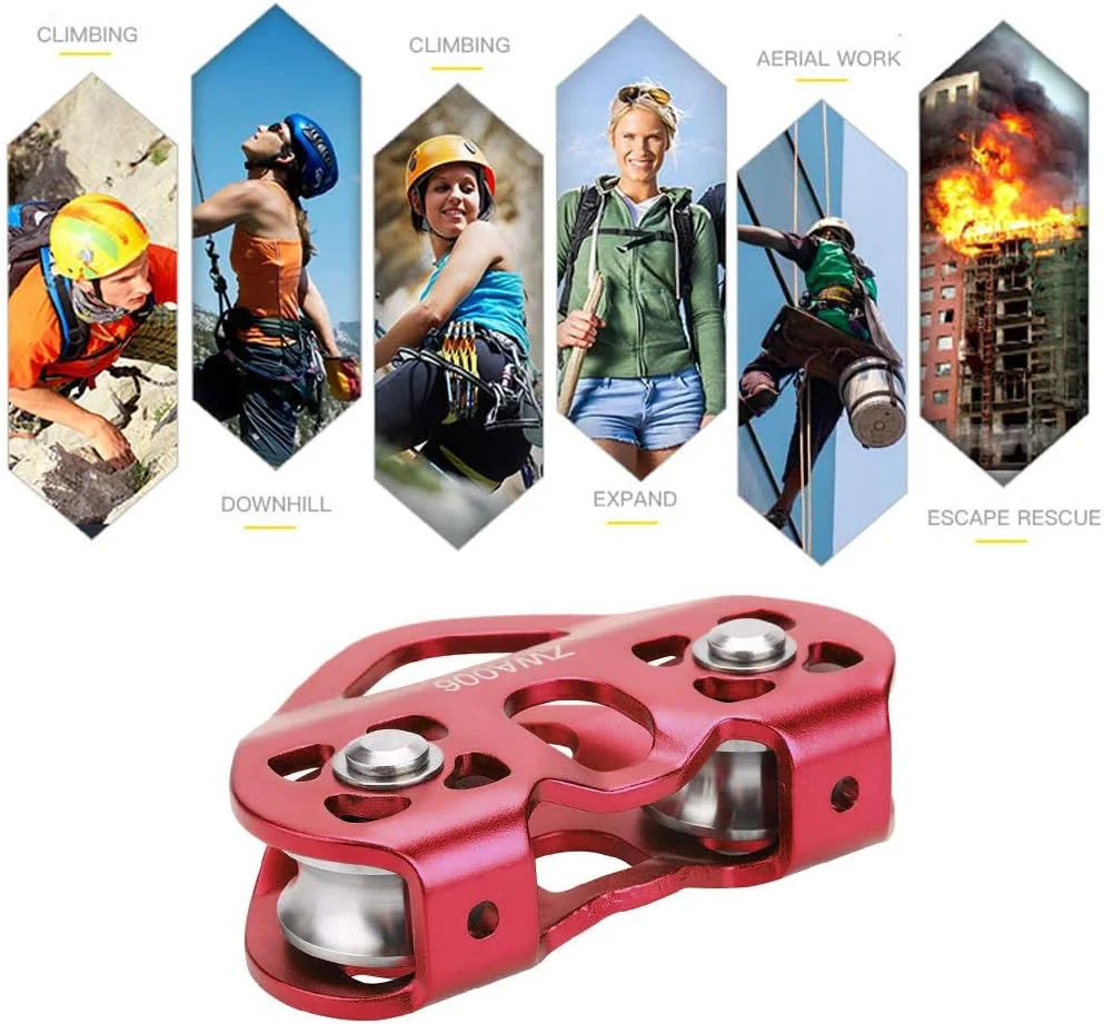قرقره صعود FRIDNL، قرقره دوبل 30KN ترولی کابل نجات زیپ لاین تجهیزات صخره نوردی در فضای باز (قرمز)
