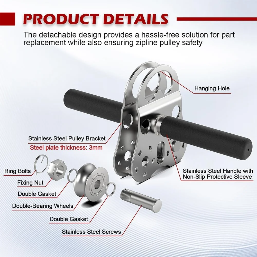 قرقره زیپ لاین Fologtoo، ترولی زیپ لاین فولاد ضد زنگ 304 سنگین، دسته ایمنی تقویت شده برای زیپ لاین حیاط خلوت، حمل و نقل، مناسب برای کابل فولادی 1/4 تا 1/2 اینچ، ظرفیت بار کاری 500 کیلوگرم