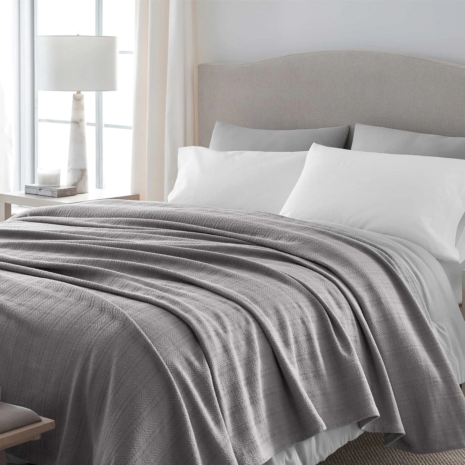 Vellux 100% Cotton Blanket - 360 GSM Soft, Breathable, Cozy & Lightweight Thermal Blanket - All Season Twin Size Blanket Perfect for Layering Bed, Couch & Sofa - Hotel Quality (66x90 Inch, Grey)