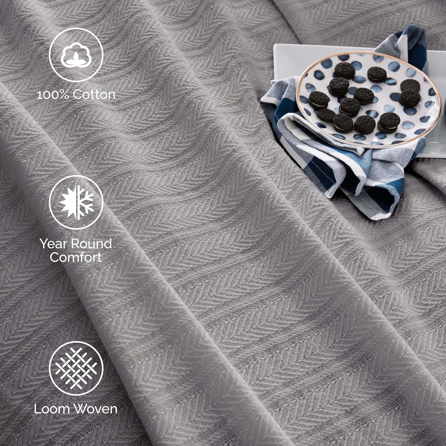 Vellux 100% Cotton Blanket - 360 GSM Soft, Breathable, Cozy & Lightweight Thermal Blanket - All Season Twin Size Blanket Perfect for Layering Bed, Couch & Sofa - Hotel Quality (66x90 Inch, Grey)