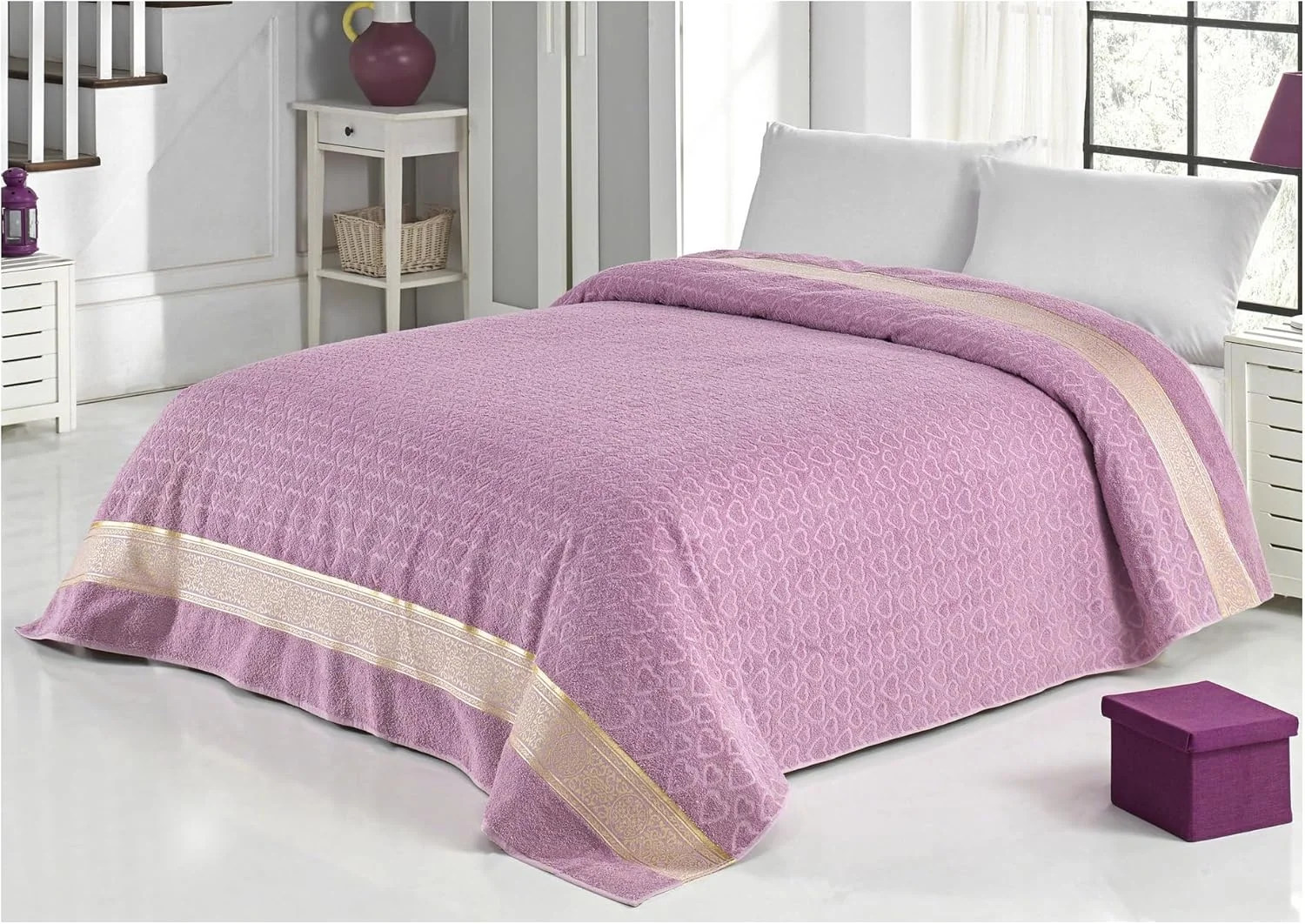 Villa Paris Premium Jacquard Bed Cover Turkish Cotton Blanket Organic Throw Bed Spread for Double/King Size Bed 200x220 cm (Purple)