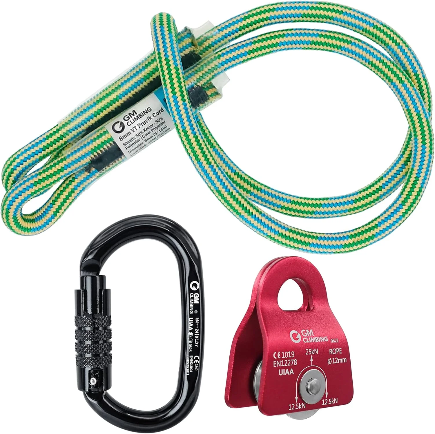 قرقره میکروسکوپی GM CLIMBING با قابلیت نگهداری گره پروسیک، 25 کیلونیوتن، دارای گواهینامه CE UIAA، قرقره تکی 12 میلی‌متری با صفحات جانبی متحرک برای درختکاری، تجهیزات، صخره‌نوردی و نجات