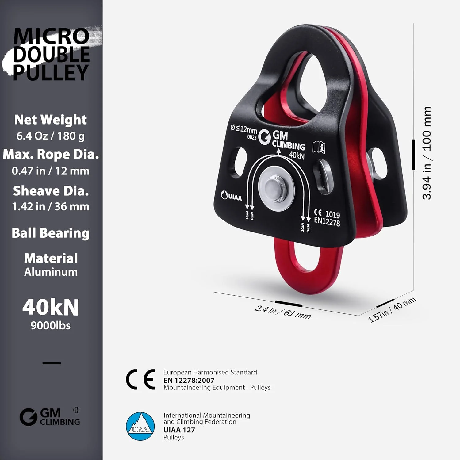 قرقره دوبل میکرو بلبرینگی 40kN GM CLIMBING دارای گواهینامه CE UIAA، قرقره سبک وزن مناسب صعود، نجات، کار در ارتفاع و سیستم های بالابر