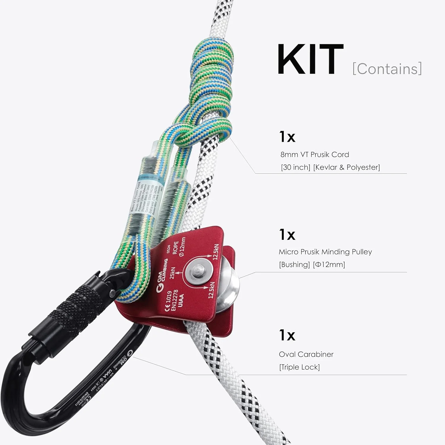 قرقره میکروسکوپی GM CLIMBING با قابلیت نگهداری گره پروسیک، 25 کیلونیوتن، دارای گواهینامه CE UIAA، قرقره تکی 12 میلی‌متری با صفحات جانبی متحرک برای درختکاری، تجهیزات، صخره‌نوردی و نجات