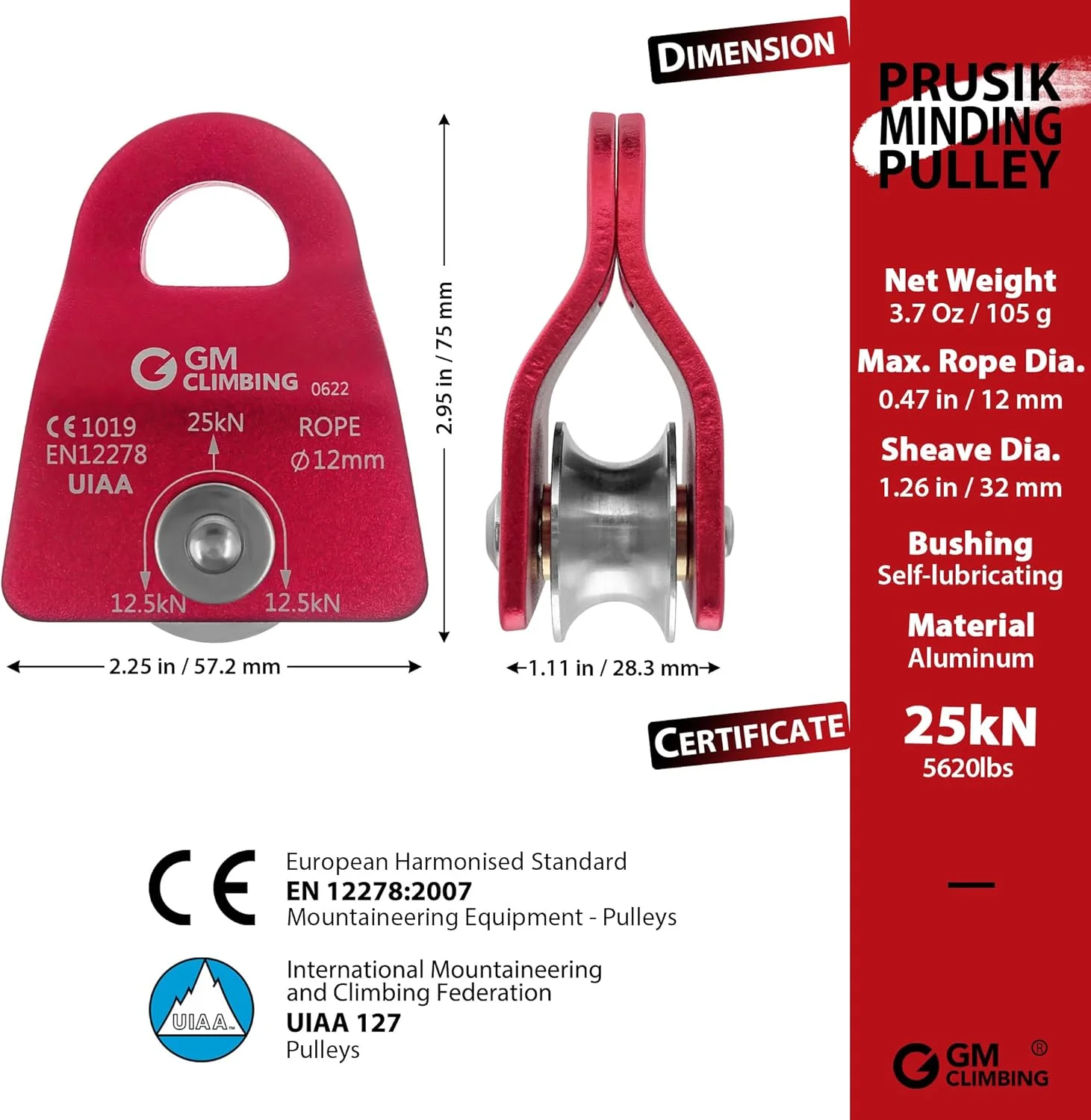 قرقره میکروسکوپی GM CLIMBING با قابلیت نگهداری گره پروسیک، 25 کیلونیوتن، دارای گواهینامه CE UIAA، قرقره تکی 12 میلی‌متری با صفحات جانبی متحرک برای درختکاری، تجهیزات، صخره‌نوردی و نجات