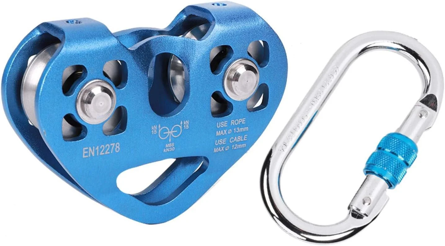GZDodek Zipline Trolley Kit, Lightweight High?Efficiency 25KN Heart?Shaped Climbing Pulley Carabiner Double Tandem Dual Pulley Portable for Rock Climbing