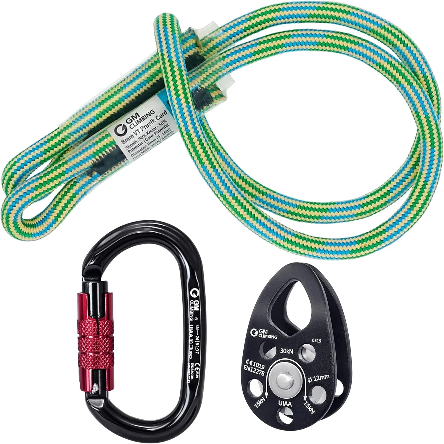 GM CLIMBING Hitch Slack Tending Pulley Kit for Doubled Rope Climbing System Basic Unit of General Hauling - 30kN Micro Pulley (Black, Bushing) & Oval Locking Carainber & 30in 8mm VT Prusik