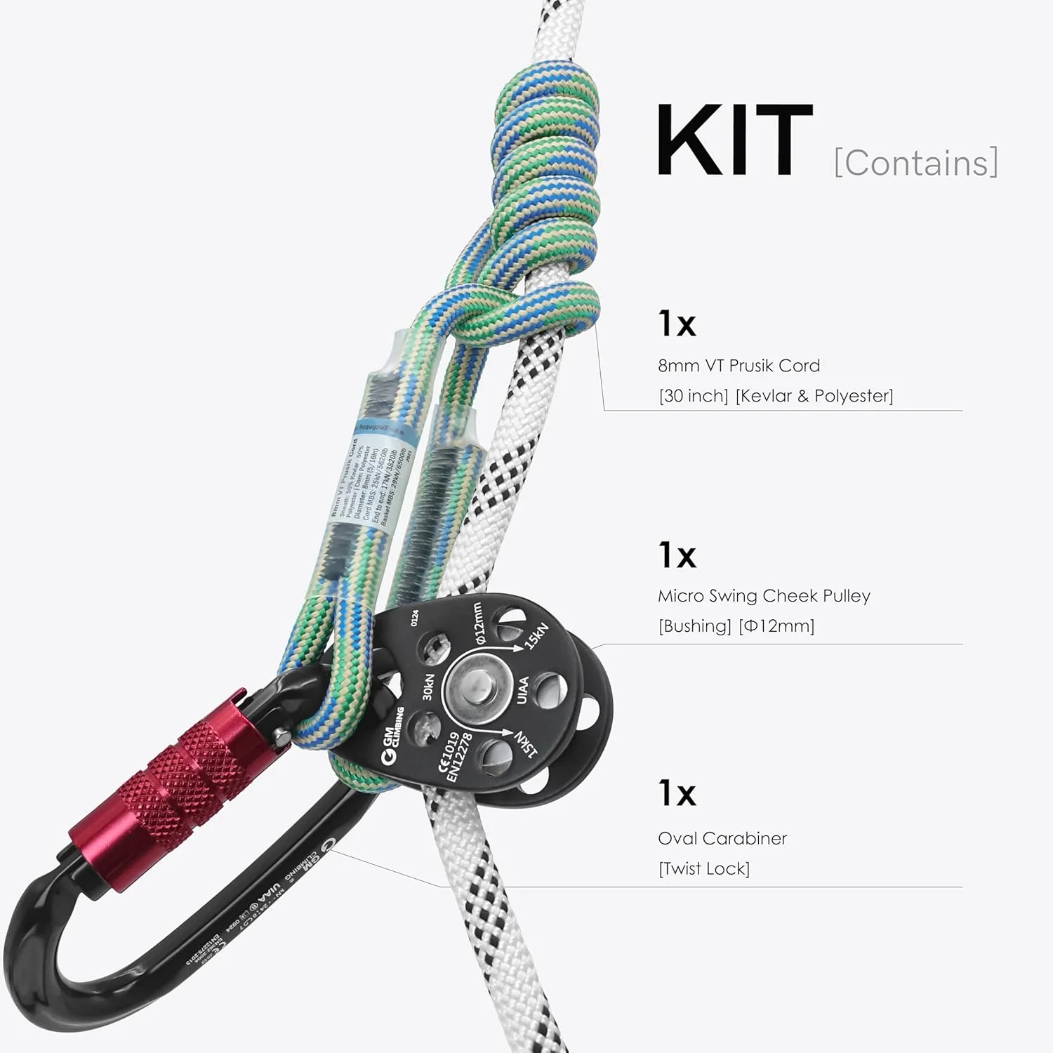 GM CLIMBING Hitch Slack Tending Pulley Kit for Doubled Rope Climbing System Basic Unit of General Hauling - 30kN Micro Pulley (Black, Bushing) & Oval Locking Carainber & 30in 8mm VT Prusik