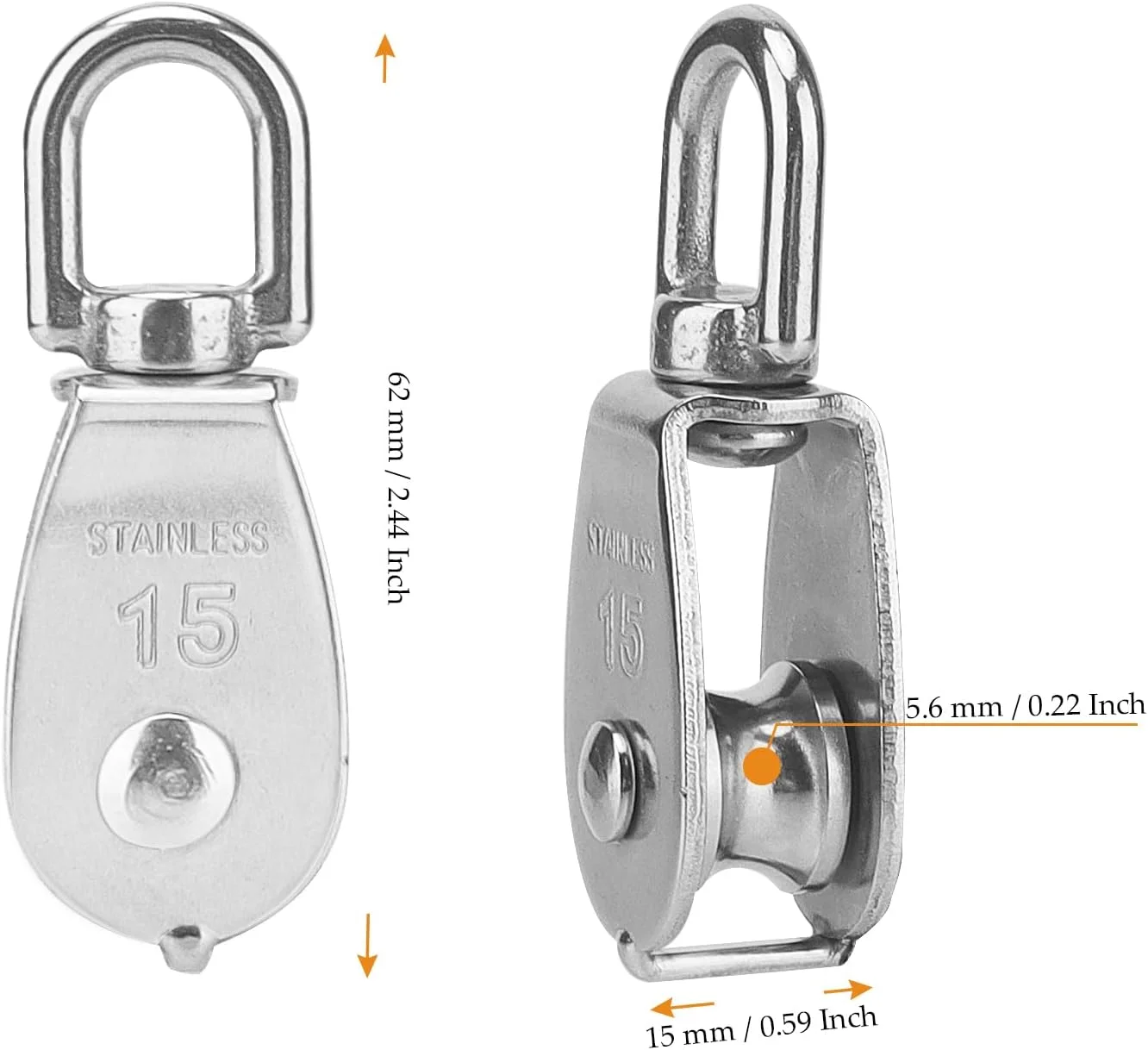 FAAING بسته 10 عددی قرقره 15 میلی متری برای طناب، قرقره استیل ضد زنگ، قرقره، مجموعه تکی، غلتک قرقره M15 برای طناب برای استفاده در داخل و خارج از منزل، ظرفیت بار 35 کیلوگرم