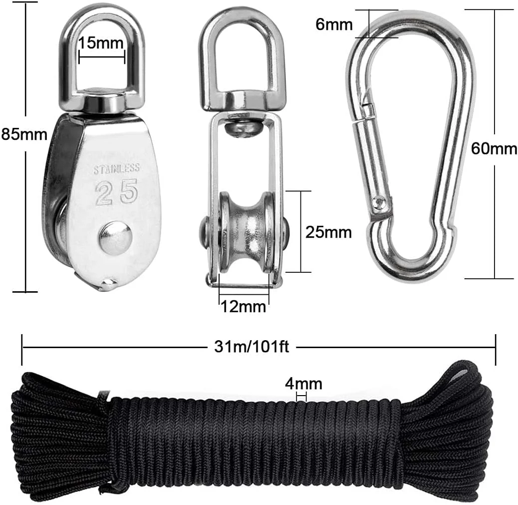 ست قرقره Feibmir، قرقره استیل ضد زنگ 304، قرقره برای طناب، قرقره، قرقره برای کودکان، قرقره کاسه ای، ظرفیت بار 150 کیلوگرم