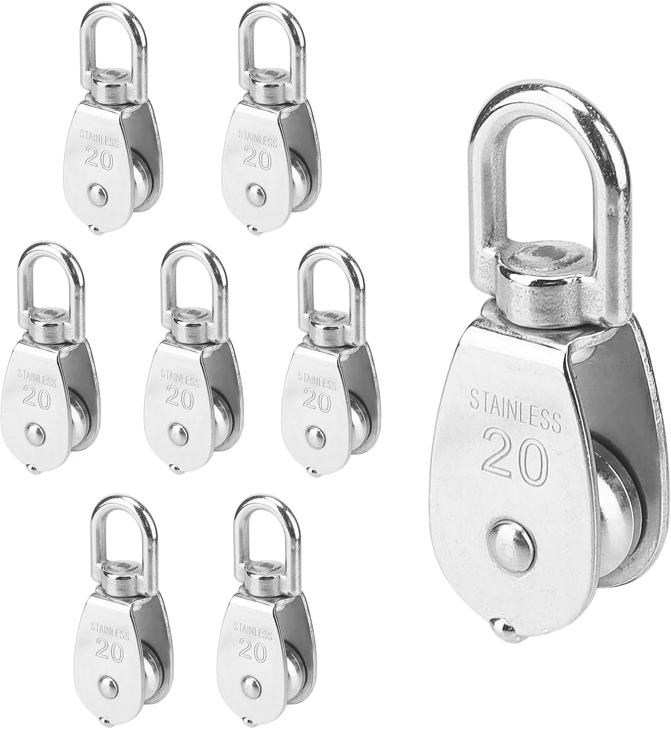 FAAING بسته 8 عددی قرقره 20 میلی متری برای طناب، قرقره های استیل ضد زنگ، قرقره، مجموعه قرقره تکی، قرقره غلتکی M20 برای طناب برای استفاده در محیط داخلی و خارجی، ظرفیت بار 75 کیلوگرم