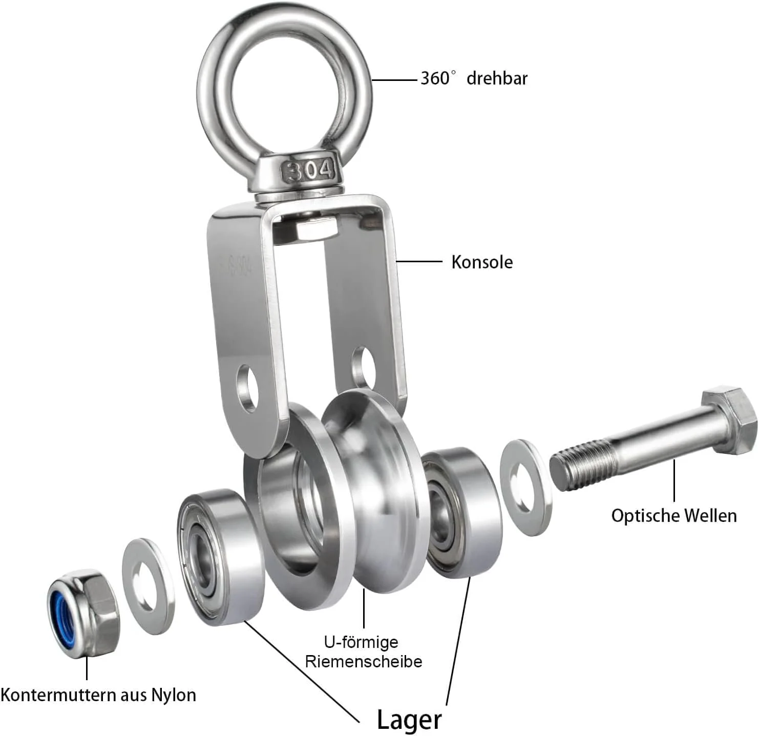 قرقره استیل ضد زنگ 201 KCNOFNC برای کابل فولادی، قرقره برای طناب، قرقره با 2 بلبرینگ، ظرفیت بار 500 کیلوگرم، بسته 2 عددی