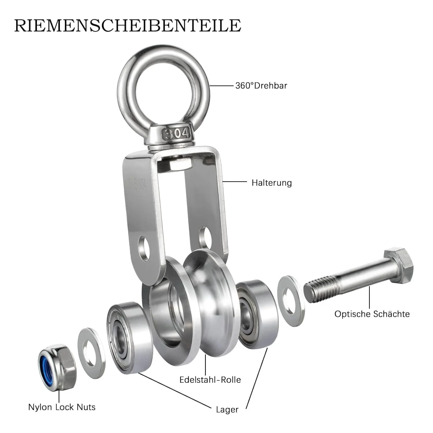 قرقره کابل فولادی KCNOFNC، قرقره با 2 بلبرینگ، قرقره استیل ضد زنگ 304 مناسب برای کابل فولادی، ظرفیت بار 500 کیلوگرم