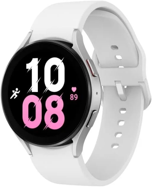 ساعت هوشمند سامسونگ Galaxy Watch 5 44mm بلوتوث با ردیاب بدن، سلامتی، تناسب اندام و خواب، باتری بهبود یافته، شیشه کریستال یاقوت کبود، ردیابی GPS پیشرفته، نسخه ایالات متحده، قاب نقره ای با بند سفید