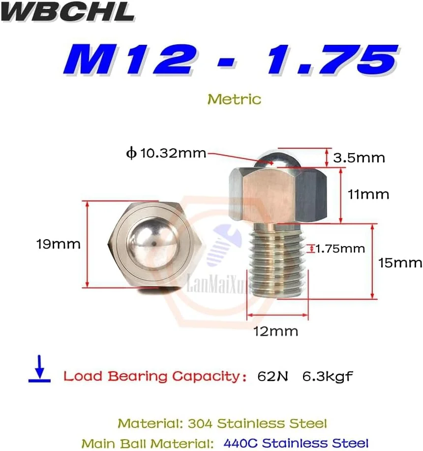LanMaiXun 2 عدد WBCHL M12-1.75 نوع مهره فولادی توپ استیل ضد زنگ 304، پیچ توپی جهانی، قرقره پلت فرم