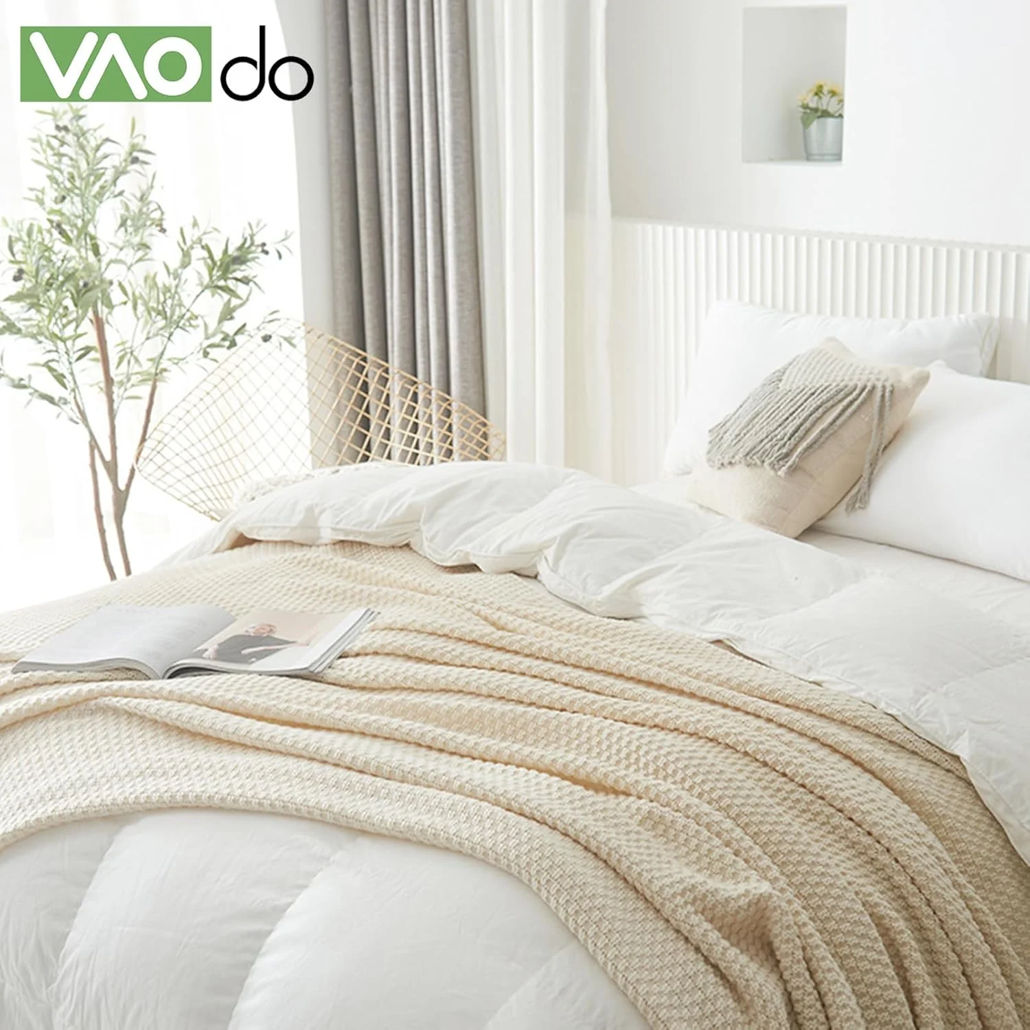 پتو مبل بافتنی منگوله دار VAODO، 110 * 150 سانتی متر، پتو مسافرتی و مناسب چرت زدن و تهویه مطبوع تابستانی برای مبل، کمپینگ، اقامتگاه، مسافرت - بژ